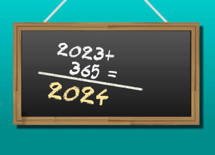 Blackboard image that adds up the year 2024 plus 365 days with the result of the new year 2025.