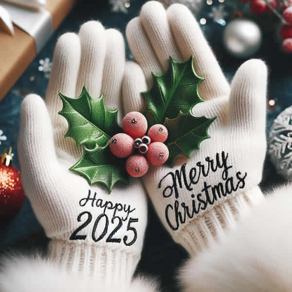 image with woman holding in her hands with gloves, a bunch of holly, in the classic Christmas colors