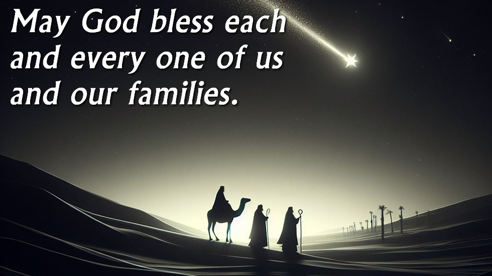 Christian religious image with the Three Wise Men following the comet star with a spiritual message of blessing for a Merry Christmas and a Happy 2025
