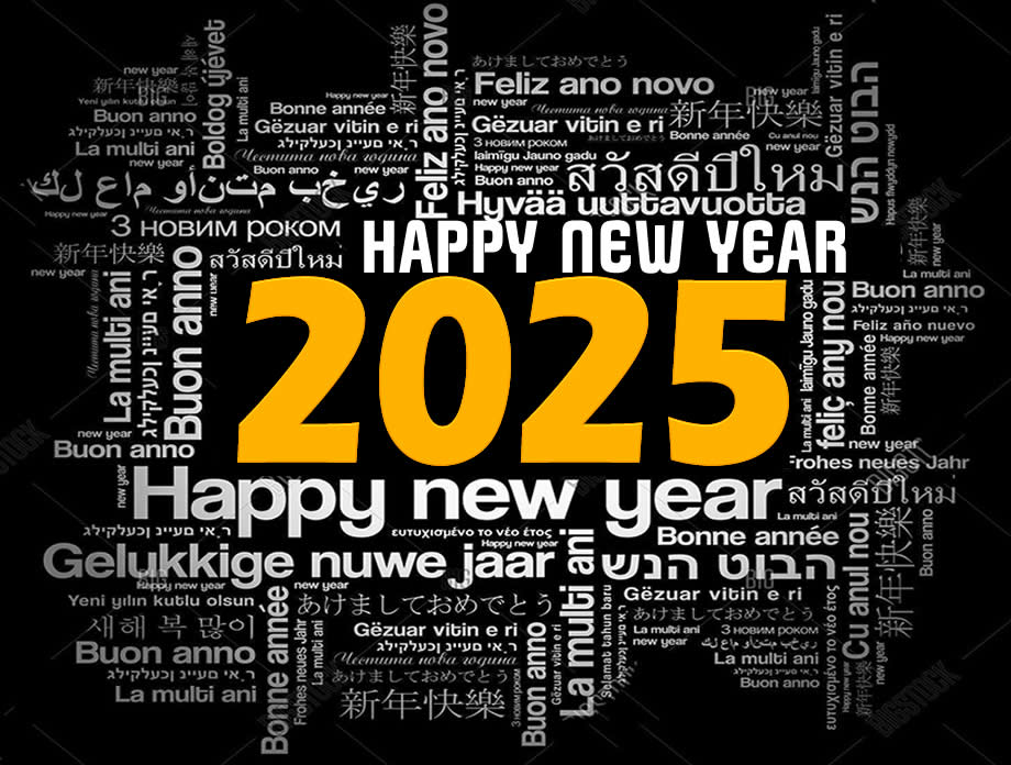 image with the text Happy New Year translated into the main languages most spoken or widespread in the world