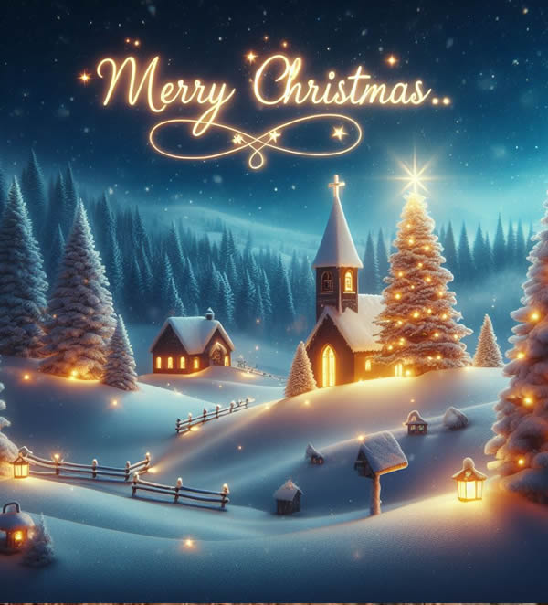 Image with Christmas tree and gifts on red background and greeting text
