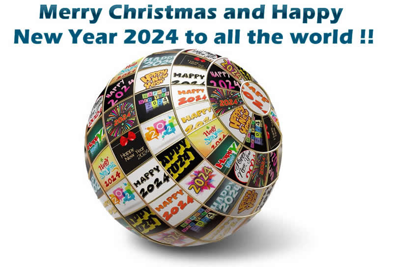 image of a sphere covered the greetings of Happy 2025 in the main languages and best wishes: Merry Christmas and Happy Year 2025 to the whole world