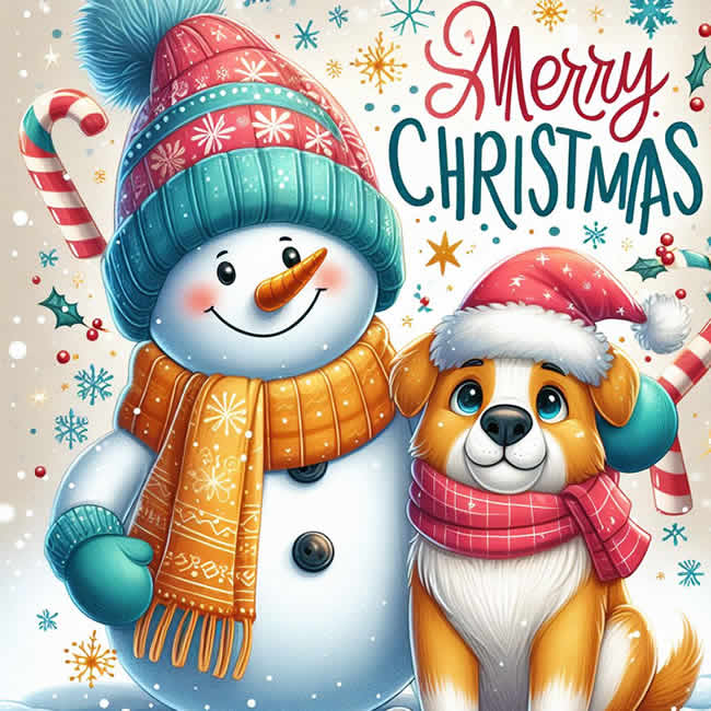 beautiful image with a snowman with the head of a dog, for the wishes of happy holidays for the little ones, with the inscription Merry Christmas in English