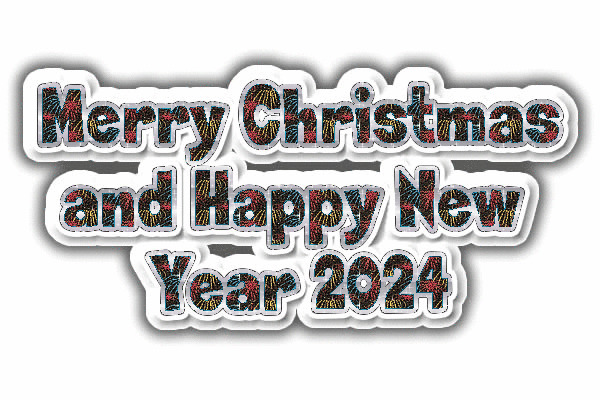 Animated gif glittery text Merry Christmas Happy 2025 with crackling fireworks effect.