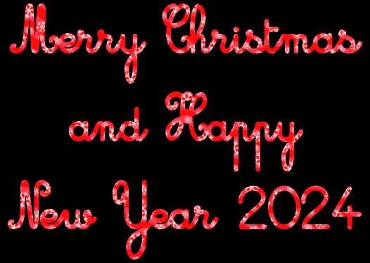 Animated gif text Merry Christmas and Happy year 2025 with red hearts in motion.