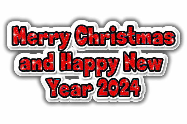 Animated glitter gif with red text Merry Christmas & Happy Year 2025 with glitter of stars.
