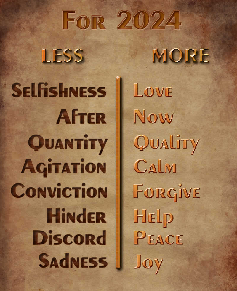 Image with a list of good intentions for 2025 less selfishness more love.