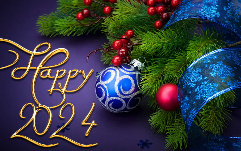 Elegant image with a greeting card with a decorated Christmas tree and a Happy 2025 message with golden writing