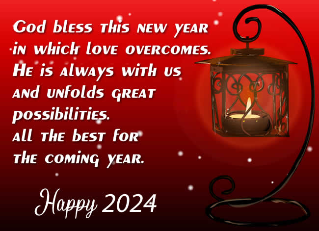 Image with lantern and red background with message for the believer and bless the arrival of the new year: God bless this new year in which love overcomes