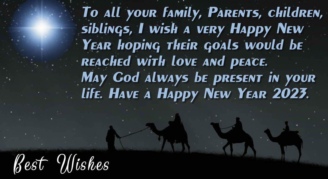 Image with the three kings who follow the comet star to bring the gifts to Bethlehem with a blessing phrase. Have a Happy New Year 2025.