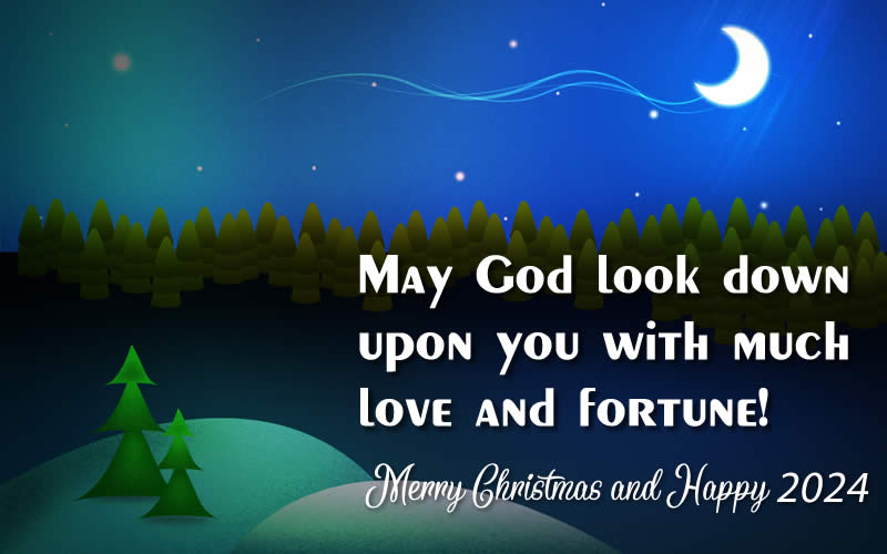 Image of Christmas at night with fir trees and happy new year 2025 with text: May God look down upon you with much love and fortune!