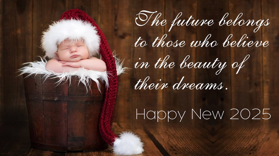 Image with a wonderful child dressed as Santa Claus posing in a barrel with a message of good wishes: The future belongs to those who believe in the beauty of their dreams.