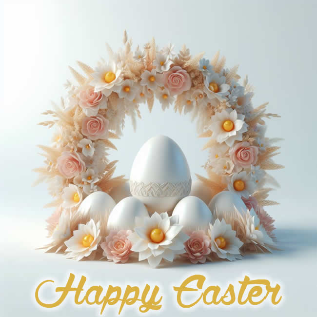 Beautiful decoration with roses and white flowers, elegant for your special greetings, with Happy Easter text
