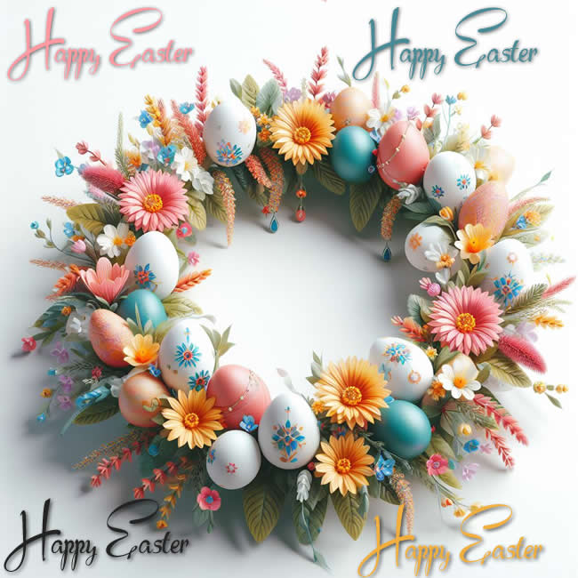 floral composition, in the shape of a garland with decorated eggs and colored flowersi