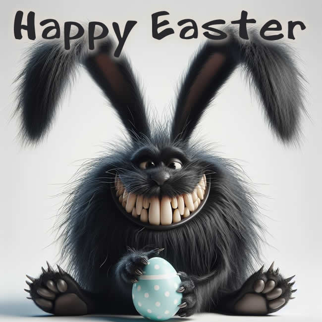 Humorous image with a teething rabbit with long ears wishing you a Happy Easter