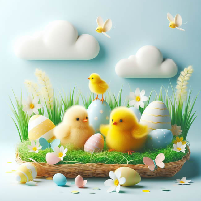 Image with chicks and decorated eggs