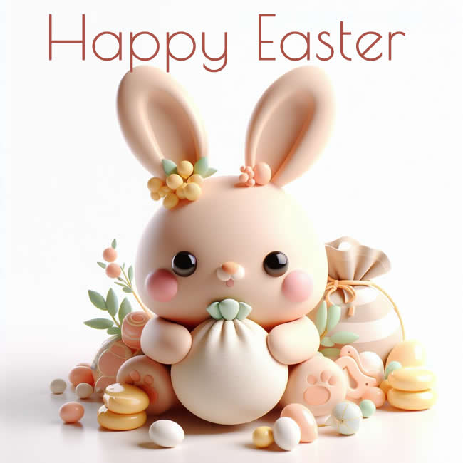 Image with a sweet bunny holding a gift bag in his hands and many small eggs around