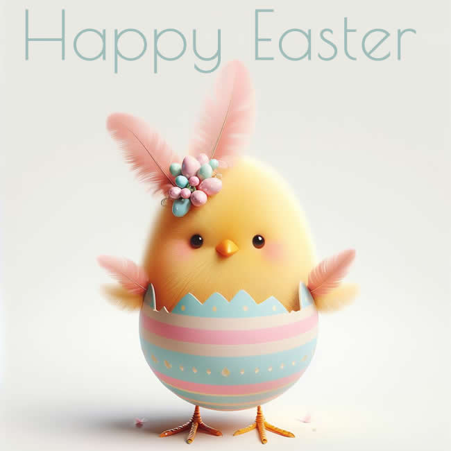 Bunny with decorated eggs in a very tender image, with the text Happy Easter